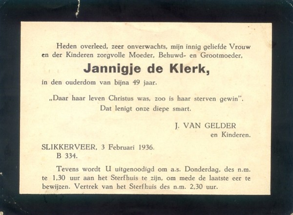 rouwkaart Jannigje de Klerk